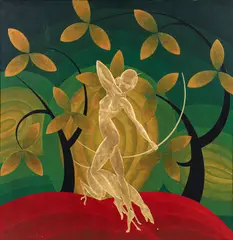 Kenneth Stevens MacIntire, Art Deco Diana the Huntress, 1930, mixed media with oil and gold leaf on wood panel