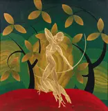 Kenneth Stevens MacIntire, Art Deco Diana the Huntress, 1930, mixed media with oil and gold leaf on wood panel