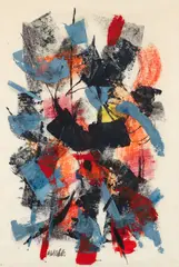 John von Wicht, Untitled Mid Century Modernist Abstract, c.1950s, oil and crayon on rice paper, painted area