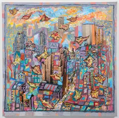 (American/Western PA, born 1934), Autumn Afternoon, 2025, painting by Robert Qualters, collage on canvas, offered Apr 2026