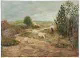 Alfred Bryan Wall, Shepherd with Sheep in Western Pennsylvania Hills, oil on canvas, mounted to a board