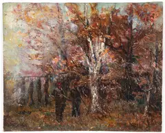 Alfred Bryan Wall, Deer Hunters in Western Pennsylvania Woods, c.1930, oil on canvas, mounted to a board
