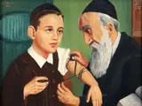 Sue Saniel Elkind, Rabbi and Student Wrapping Tefillin, April, 1954, oil on canvas