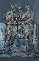 Three Figures Blue by Constantino Leon, acrylic and media on canvas over board, offered Mar 2026