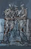 Three Figures Blue by Constantino Leon, acrylic and media on canvas over board, offered Mar 2026