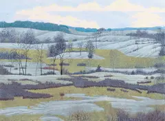 Gordon Mortensen, Winter in Baker Park, 1982, color reduction, woodcut, pencil
