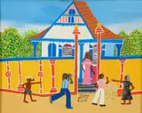 Teleon Wilfrid, Street Scene with Tourists and Locals, 1986, oil on board