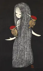 Kaoru Kawano, Woodpeckers, 1950's, color woodblock, 15 x 9.25 inches, pencil