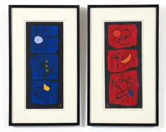 Maki Haku, Poem 68-28 and Poem 68-31, color woodblock and embossing, 11.25 x 4.75 inches, pencil