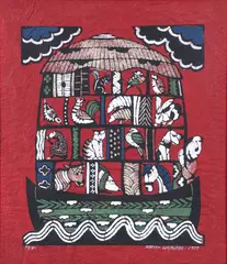 Sadao Watanabe, Noah's Ark, 1977, stencil print on red tinted paper, 21.5 x 21.75 inches, signed, dated, and numbered 73/80 in white, ink