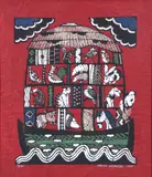 Sadao Watanabe, Noah's Ark, 1977, stencil print on red tinted paper, 21.5 x 21.75 inches, signed, dated, and numbered 73/80 in white, ink