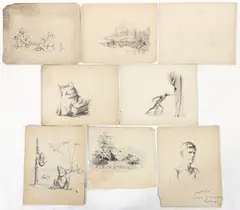 8 works on paper, mostly by Lila Hetzel, pen and ink and pencil, a few, offered Mar 2026