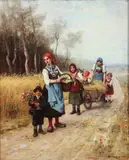 Lajos Bruck, Going To The Fair, oil on board
