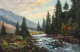 Mountain Stream with Evergreens, mid/ by Hans Hansung, oil on canvas, offered Mar 2026