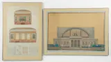 2 Archtectural Drawings , (Elevation of Train Station, and Schematic of a Courtroom) by James Parker Methany, watercolor, pencil, and wash drawings, offered Mar 2026