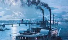 Pittsburgh, The Sidewheeler Steamer 'Dean Adams' Arriving at the Point in 1880, offset litho, 19.5 x 32 inches by John Stobart, pencil, offered Mar 2026