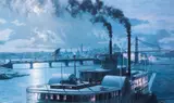John Stobart, Pittsburgh, The Sidewheeler Steamer 'Dean Adams' Arriving at the Point in 1880, offset litho, 19.5 x 32 inches, pencil