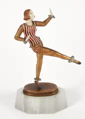Dancing Figure, polychromed by Otto E. Scheer, bronze, 7 inches tall, (including quartz base), with incised signature on base, offered Mar 2026