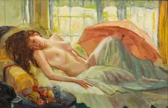 Untitled by Richard Edward Miller, Oil on Canvas, "Reclining Nude with Parisol", offered Sep 2024