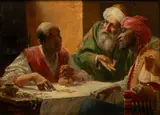 Alois Hans Schram, Untitled, Oil on Board Ca. 1897, "The Money Changers"