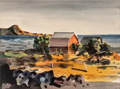 Hughie Lee-Smith, Untitled, Watercolor on Paper, 1957, "Landscape (Barn)"
