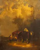 William Shayer, Untitled, Oil on Canvas Laid on Canvas Ca. 19th Century, "Figures with Horses"