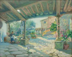 Julius Rolshoven, Untitled, Oil on Cradled Panel, Ca. 1900-1910, "Woman Sewing in Sunlit Courtyard; Florence"