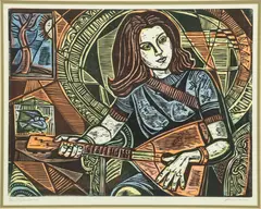 Irving Amen, Untitled, Woodcut in Colors on Paper "Seated Female Musician"