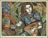 Irving Amen, Untitled, Woodcut in Colors on Paper "Seated Female Musician"