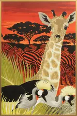 Untitled by Jorge Fernandini, Watercolor And Ink on Paper, "Giraffe, Grey Crowned Cranes And Zebras", offered Sep 2024