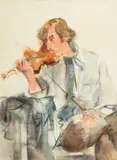 Richard Jerzy, Untitled, Watercolor on Paper, 1969, "Self Portrait with a Violin"