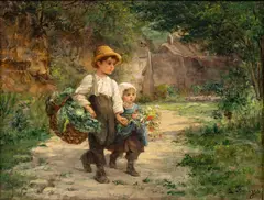 Untitled by Léonide Bourges, Oil on Panel, 19th C., "Brother And Sister on a Village Road", offered Jul 2024