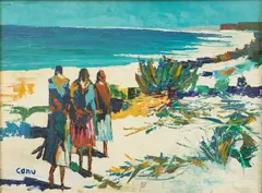 Yvonne Canu, Untitled, Oil on Board, 1963, "Three Figures on Beach"