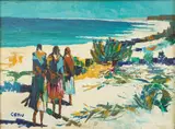 Yvonne Canu, Untitled, Oil on Board, 1963, "Three Figures on Beach"