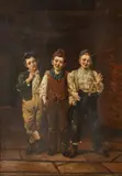 John George Brown, Untitled, Oil on Canvas, Ca. Late 19th C., "Three Shoeshine Boys"