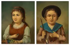 Sophie Meyer, Untitled, Oil on Mahogany Panels, Ca. Late 19th/early 20th C., "First Attempt" & "Little Grape Picker"