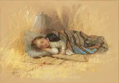 Albert Fitch Bellows, Untitled, Gouache on Paper, "Sleeping Child in Wheat Field"