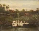 Untitled by Theodore Victor Carl Valenkamph, Oil on Canvas, 1901, "Farm Scene with Ducks in Pond", offered Jul 2024
