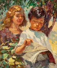 Untitled by Jose Manuel Chico Prats, Oil on Canvas, "Two Children Reading", offered Jul 2024
