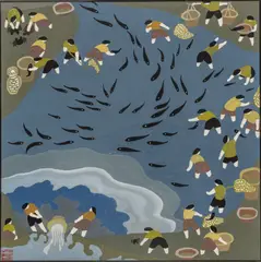 Untitled by Tadashi Asoma, Acrylic on Paper, "Fishing Scene", offered Jul 2024
