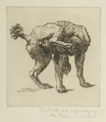 Per Palle Storm, Untitled, Drypoint Etching on Paper, 1977, "Self-grooming Dog"