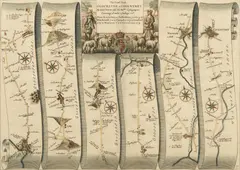 John Ogilby, Hand-colored Map, on Paper "The Road from Gloucester to Coventry"