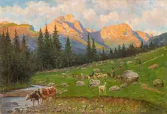 Antonio Zoppi, Untitled, Oil on Canvas Mounted to Masonite, 1905, "Italian Pastoral Landscape"