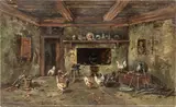 Andrew Melrose, Untitled, Oil on Canvas, Ca. 1900, "Interior with Chickens"
