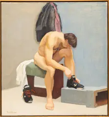 Untitled by Judith Kudlow, Oil on Canvas, Athlete Dressing, offered Jun 2024