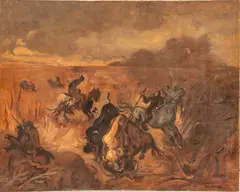 Walter Shirlaw, Untitled, Oil on Canvas, Early 20th C., "Buffalo Hunt"