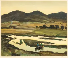 Peter Hurd, Untitled, Lithograph in Colors on Paper, Western Landscape