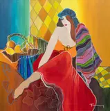 Itzchak Tarkay, Untitled, Oil on Canvas, Ca. 2000s, "Seated Woman with a Basket of Fruit"