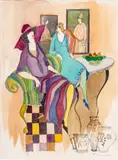 Itzchak Tarkay, Untitled, Watercolor And Ink on Paper "Two Seated Women"