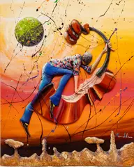 Untitled by Marcus Glenn, Mixed Media with Relief & Collage on Panel, Ca. 2004, "Straddle That Bass in Outer Space", offered May 2024